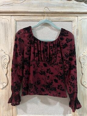 Ember - Women's Burgundy Floral Velvet Burnout Peasant Top - Y2K aesthetic